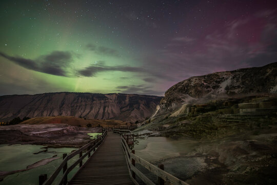 Aurora over Mammoth Hot Springs