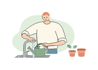 Man filling a watering can from a faucet to water young plants in pots