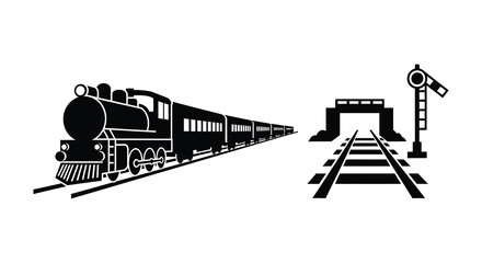 A black and white illustration of a steam train traveling on tracks © MdShifulIslam
