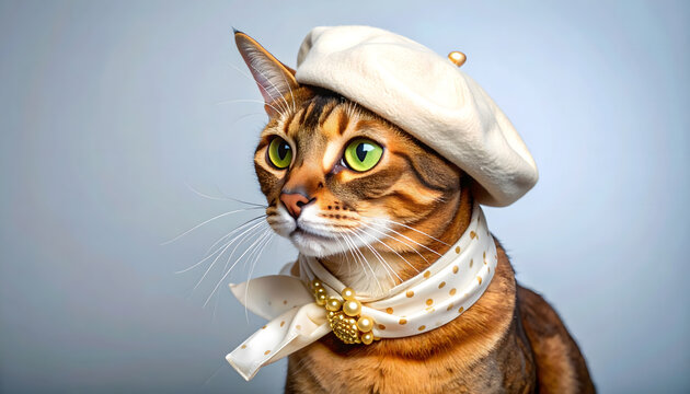 Adorable Stylish Bengal Cat Wearing a White Beret Hat and Gold Pearl Necklace