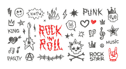 Rock'n'Roll music and Punk doodle signs, Hand dawn pattern elements in scribble grunge style - editable vector ( part 2 )