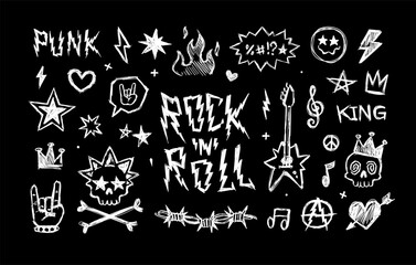Rock'n'Roll music and Punk doodle signs, Hand dawn pattern elements in grunge style - editable vector set ( part 1 )