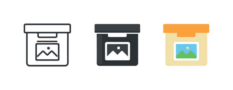 Clean archive outcome represented by a tidy stack box with a small picture symbol on its front face, described plainly as a