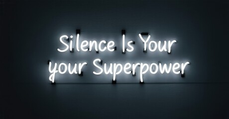 Fototapeta premium Neon sign displays quote. Words Silence Is Your Superpower glow brightly against dark background. Minimalist aesthetic, inspirational message.