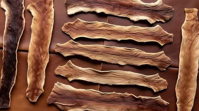 Natural Fur Skins Displayed: An array of natural fur skins, showcasing the raw beauty of their textures and colors, laid out against a backdrop that enhances their tactile appeal.