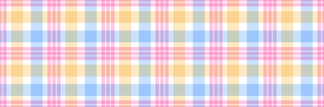 Seamless pastel plaid pattern background. Aesthetic soft checkered tartan texture with pink, blue, and yellow stripes. Colorful geometric fabric design for wallpaper, textile, or wrapping paper.