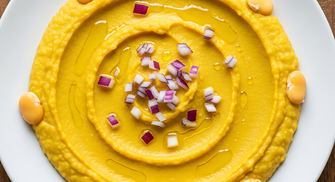 Greek Fava Dip with Yellow Split Peas, Red Onions, Olive Oil, and Whole Beans on a White Plate