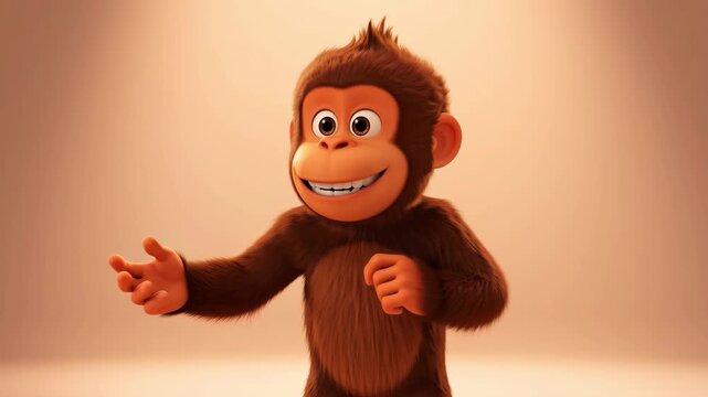 Cheerful cartoon monkey character presenting with open hand gesture on a gradient beige studio background perfect for product promotions and presentations