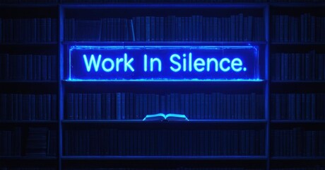 Fototapeta premium Bookshelves glow neon blue. Open book sits amidst volumes. Text reads Work In Silence. Minimalist aesthetic, dark background.