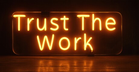 Fototapeta premium Bright neon sign displays text Trust The Work. Dark background, warm glow illuminates wooden surface below. Simple, motivational message.
