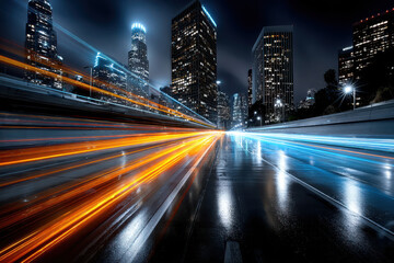 Fototapeta premium Rainy night city street with light trails
