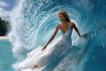 Woman in elegant dress riding inside ocean wave at tropical beach during sunny day
