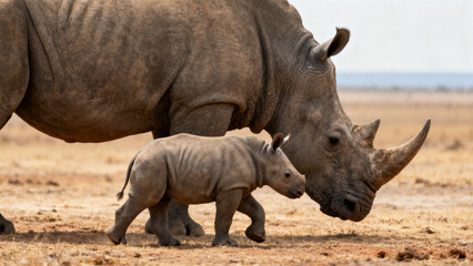 Fototapeta premium Baby rhino with mother. Mother rhinoceros and her baby walking together in a serene landscape