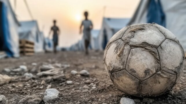 A dirty soccer ball on a dusty road and blurry, faceless children&lsquo;s figures in background illustrate the appalling living conditions and difficulties that children face every day in the conflict area