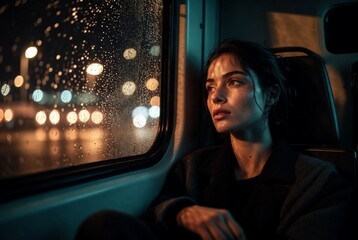 Obraz premium Thoughtful young woman traveling at night, looking through rainy window with city lights, cinematic urban commute scene