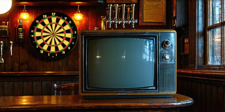 Vintage pub interior features old television, dartboard, wooden bar. Warm lighting creates cozy atmosphere. Details suggest nostalgic setting.
