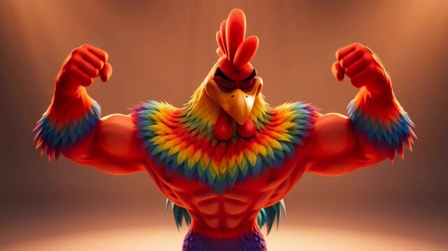 Strong cartoon rooster showing muscles animation ready for commercial or educational purposes depicting power and confidence in colorful design