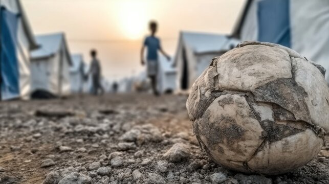A dirty soccer ball on a dusty road and blurry, faceless children&lsquo;s figures in background illustrate the appalling living conditions and difficulties that children face every day in the conflict area