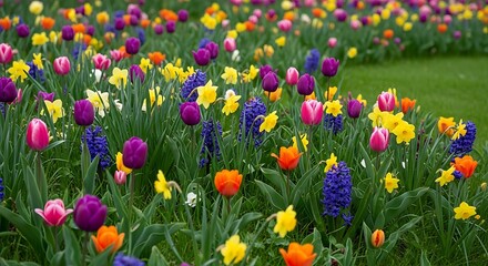 Obraz premium Multicolored tulips, daffodils, and hyacinths bloom in a vibrant, natural garden setting
