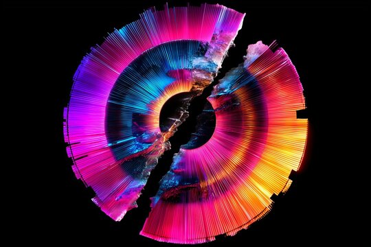 Swirling vibrant data rings create a futuristic, glowing tunnel in the dark. Technology, innovation, digital energy.