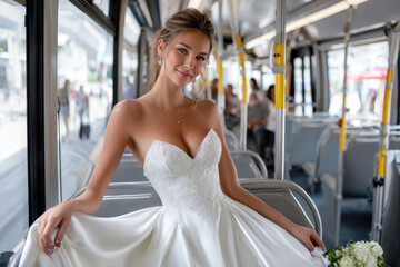 Naklejka premium Bride travels on public bus while wearing elegant wedding dress during city tour