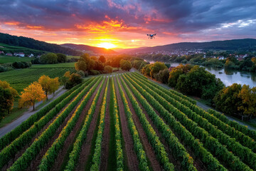 Naklejka premium Drone Surveying Vineyards at Sunset over River