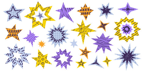 Collage stars with hand drawn crayon patterns. Cut out paper scrapbook journal decoration, magic sparkle aesthetic vector illustration © ksania