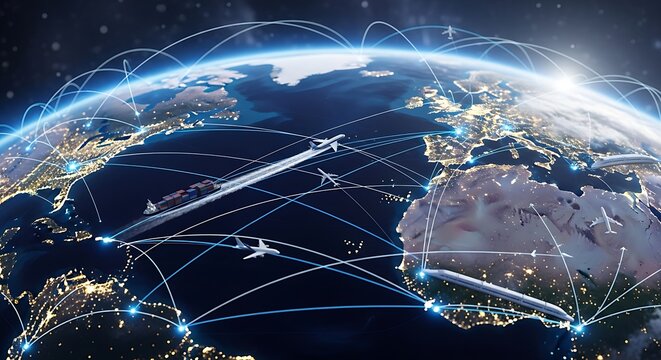Global airline routes and flight paths connecting major cities worldwide, viewed from space at night