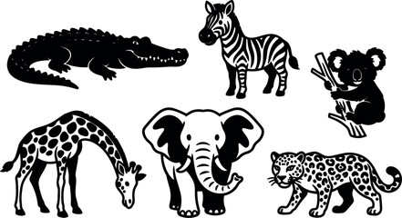 Fototapeta premium Vector silhouette animal icon set crocodile zebra koala giraffe elephant leopard flat black shapes front view elephant center grazing giraffe