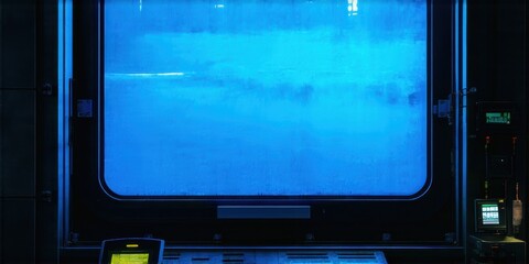 Obraz premium Dark interior reveals window. Blue light suggests underwater scene. Minimalist console visible below. Mysterious, quiet atmosphere.