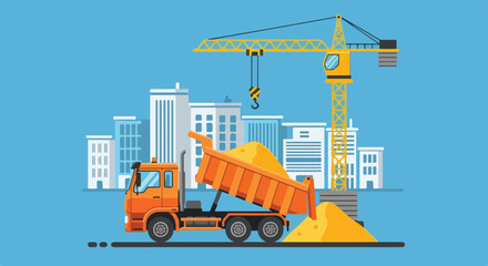 An orange dump truck unloads a pile of sand next to a yellow crane and a city skyline under a blue sky, illustrating a construction site. © Ohim