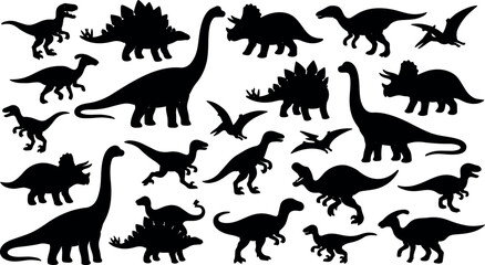 Naklejka premium Flat silhouette vector sheet of multiple dinosaur species in various poses including brontosaurus triceratops stegosaurus velociraptor pterodactyl with close up