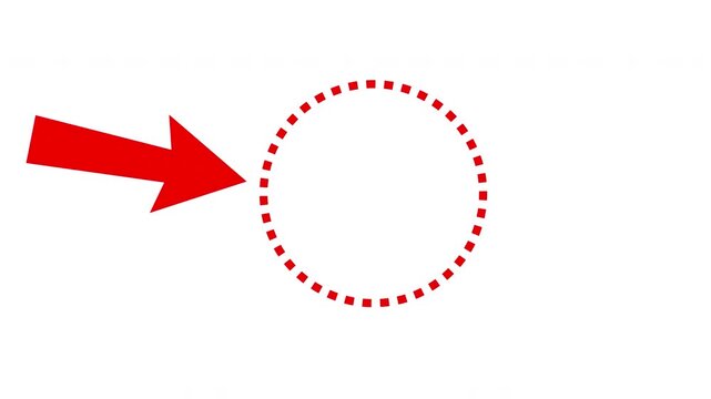 Red arrow pointing at a red dotted circle with alpha channel. red arrow mark pointing  animation of an indicator arrow pointing to a dashed round frame,  