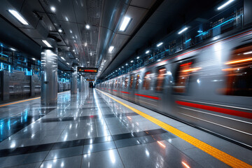 Obraz premium Modern Subway Station with Passing Train at Night