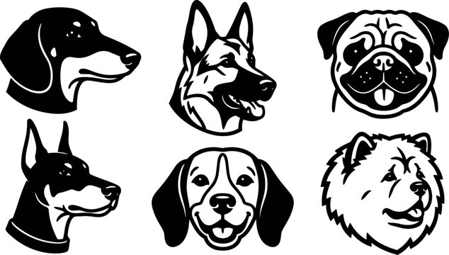 Bold vector head icons of six dog breeds looking forward and to side for logo and mascot design monochrome stencil