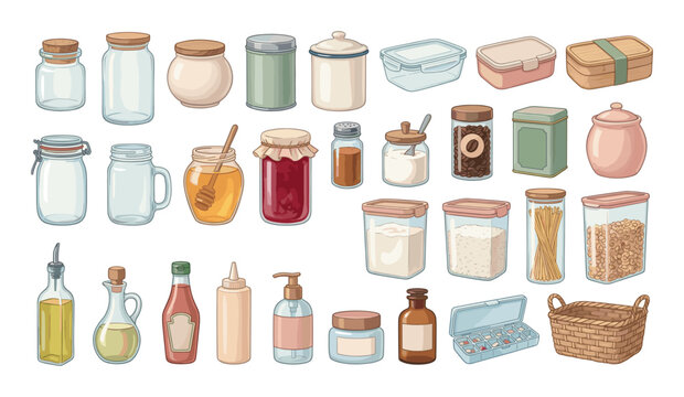 Collection of various kitchen containers and jars for food storage and organization