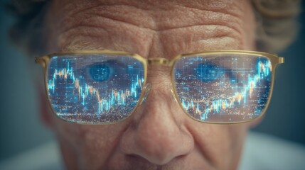 A man with glasses looking at a screen with a graph