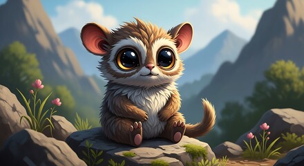 Fototapeta premium Adorable Mouse Lemur in a Mountain Landscape Illustration.