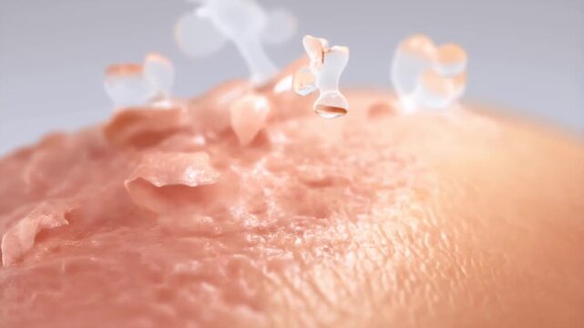 Close-up animation of retinol molecules exfoliating skin surface, showing the gradual removal of dead skin cells for skincare renewal and transformation