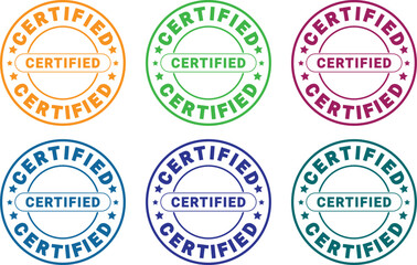 Obraz premium Six circular certified stamps in orange green purple blue dark blue and teal with stars