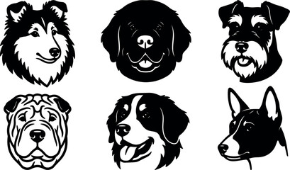 Fototapeta premium Minimalist vector dog head set showing six breed portraits front view black silhouette and stencil line art expressive faces collection