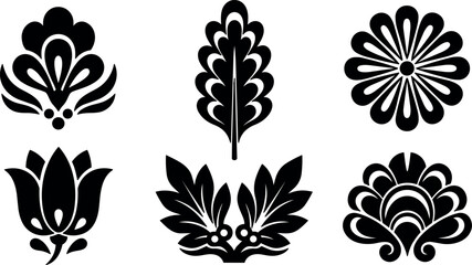 Fototapeta premium Flat design ornamental floral vector set six black silhouette motifs close up symmetrical tile decorative elements isolated on white background