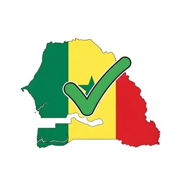 Senegal map with national flag colors and green check mark icon indicating success or choice