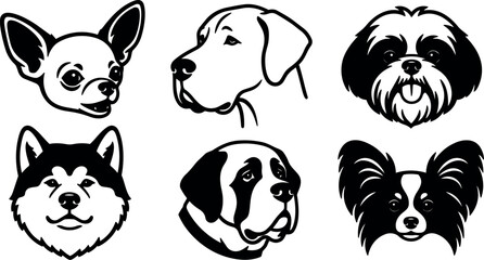 Obraz premium Line art dog head icons set six breed faces front view black and white bold stroke close up vector illustration