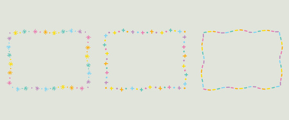 Set of three colorful hand drawn decorative borders with pastel shapes for design