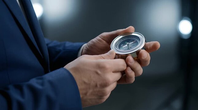 Close Up Of Man In Blue Suit Holding Round Silver Compass With White Background In Bright Indoor Lighting