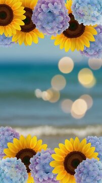 Sunflowers and Hydrangeas over Seaside Bokeh Generative AI