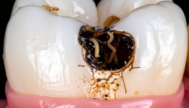 Close-up of tooth decay with maggots crawling inside cavity
