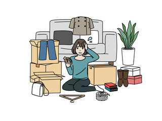 引越し作業が終わらない女性のイラスト