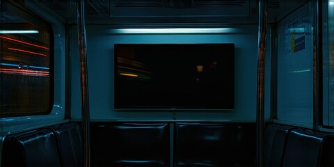 Fototapeta premium Dark subway car interior. Empty seats face screen. Blue lighting highlights window streaks, creating moody atmosphere.